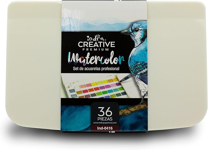 Set de acuarelas profesionales, en pastilla, 36 colores, incluye godete y pincel con depósito de agua, Marca INDRA.