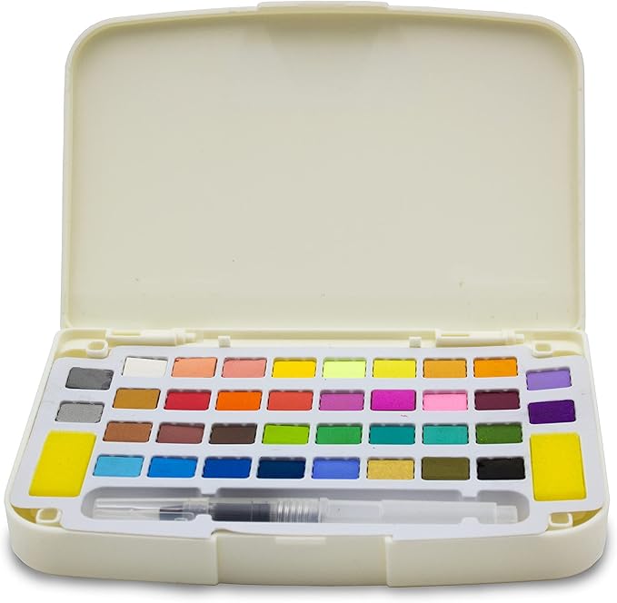 Set de acuarelas profesionales, en pastilla, 36 colores, incluye godete y pincel con depósito de agua, Marca INDRA.