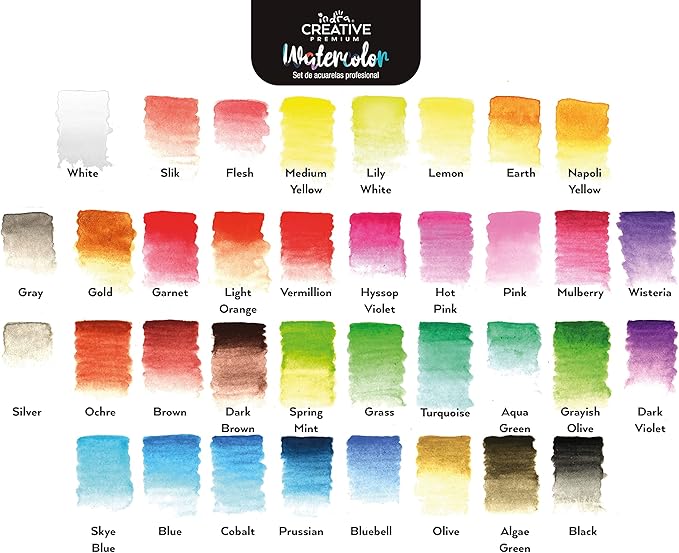 Set de acuarelas profesionales, en pastilla, 36 colores, incluye godete y pincel con depósito de agua, Marca INDRA.