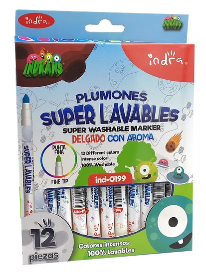Set de 12 plumones super lavables INDRA con punta fina y aroma agradable